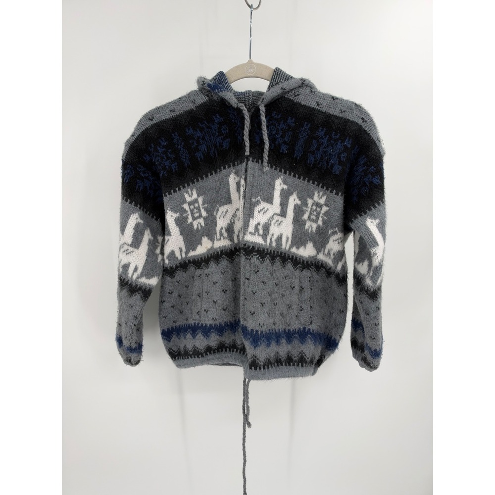 Tejidos Ruminahui Llama Wool Blend Zip Up Hoodie Sweater Gray Blue Size 8